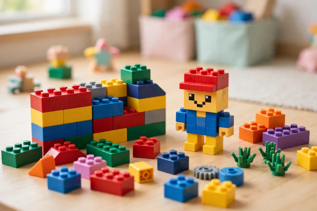Minecraft LEGO guide: colorful toy bricks and a blocky brick-built figure