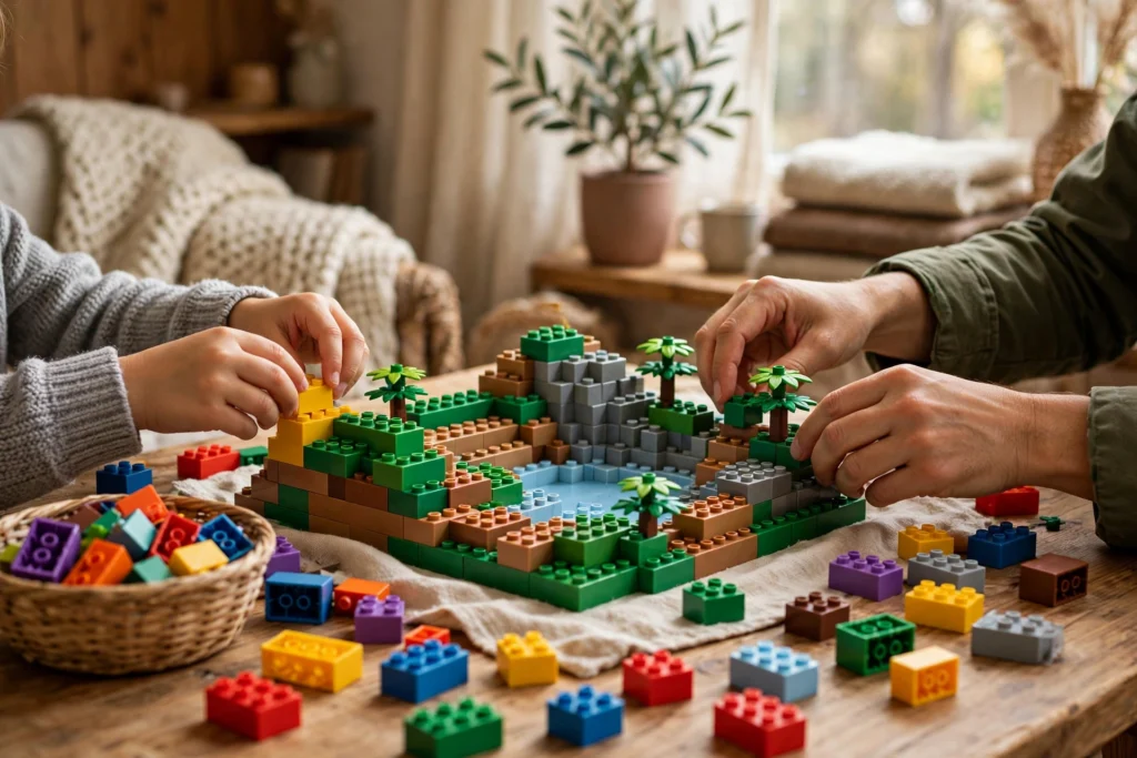 Minecraft LEGO guide: hands building a blocky brick landscape