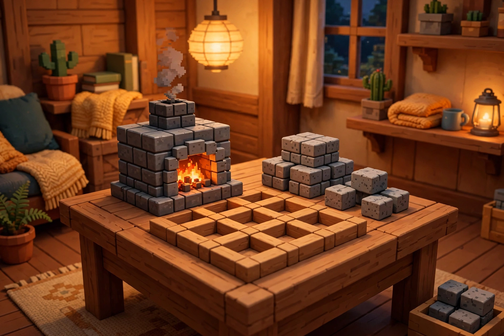 Blocky scene showing how to make smooth stone in Minecraft