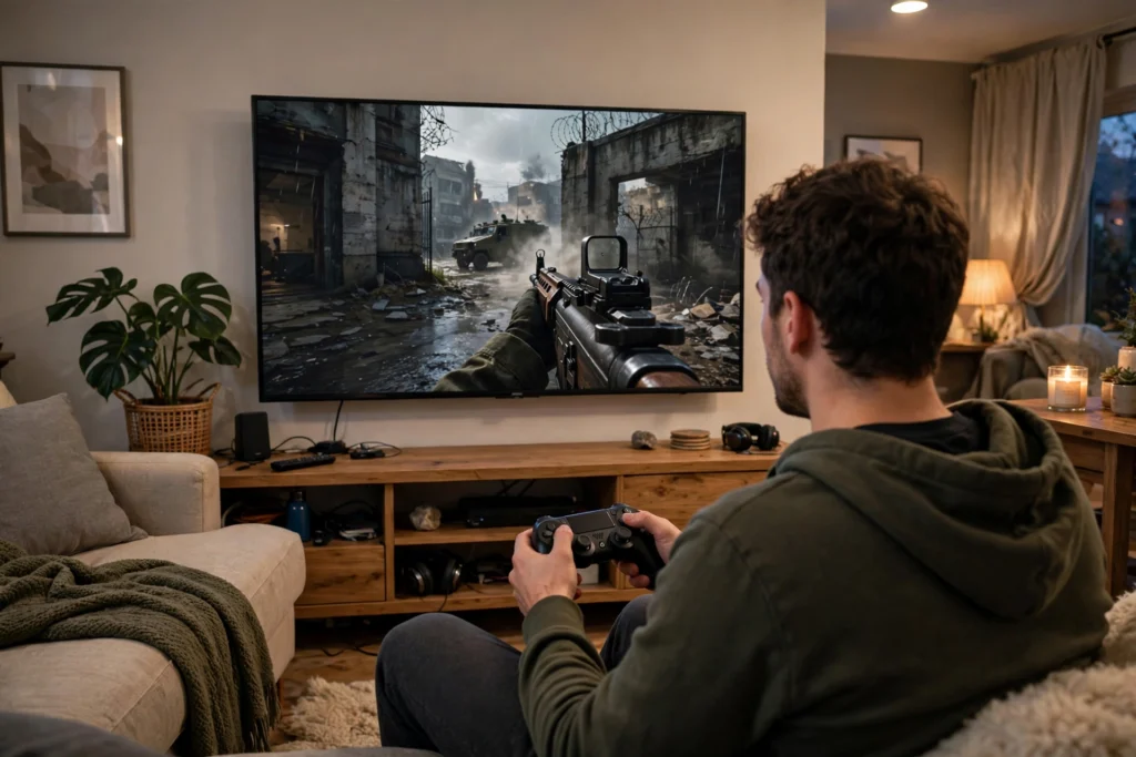 Battlefield 6 Game Pass player with controller in front of TV
