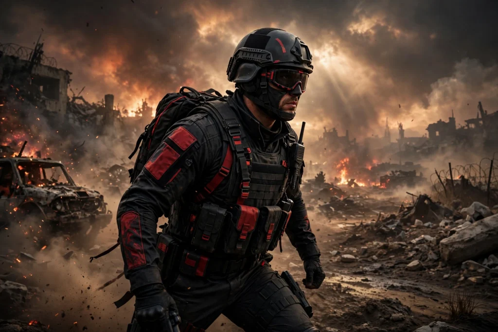 Battlefield 6 Phantom Edition soldier in black and red gear on battlefield