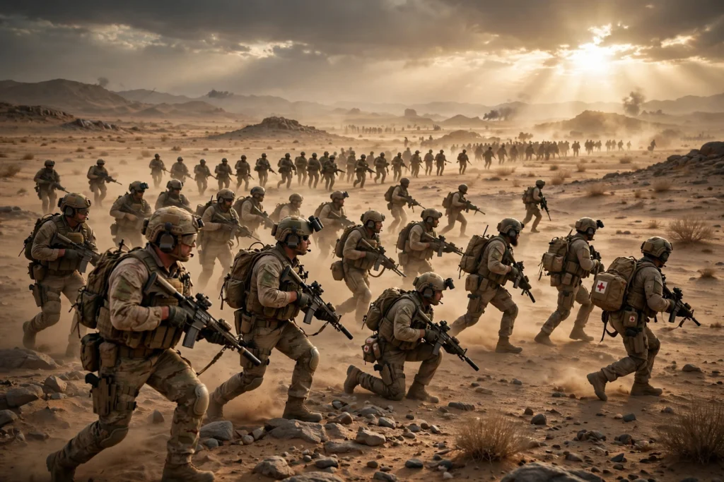 Battlefield 6 player count large squad advancing across desert battlefield