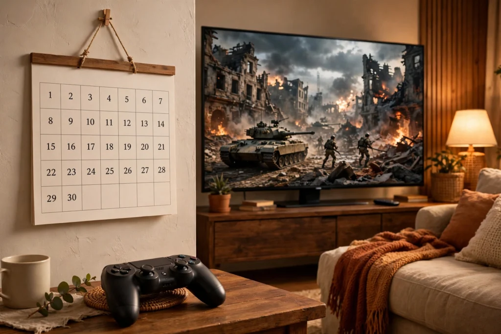 Battlefield 6 release date gaming setup with calendar and controller