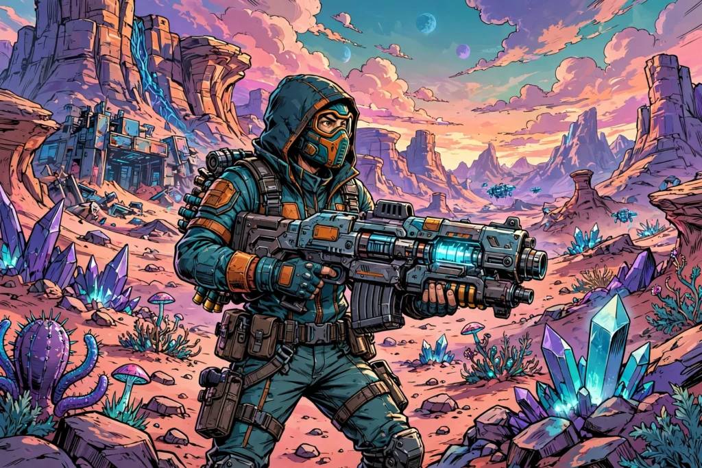 Borderlands 4 PS5 cel-shaded character in alien desert