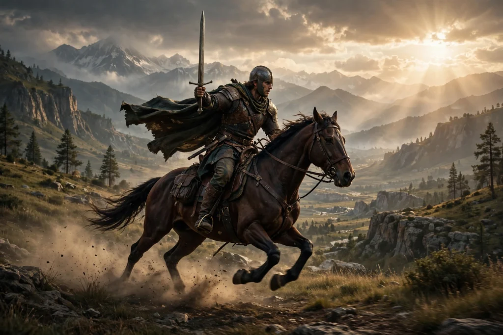 Crimson Desert gameplay warrior on horseback in Pywel