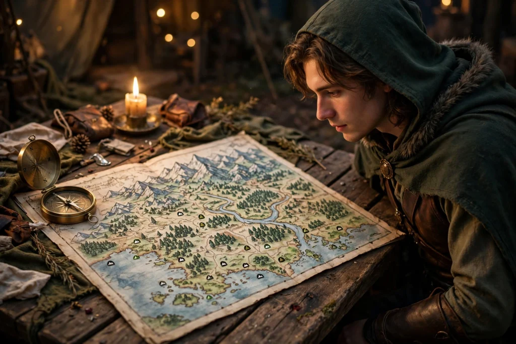 Crimson Desert map on wooden table with compass