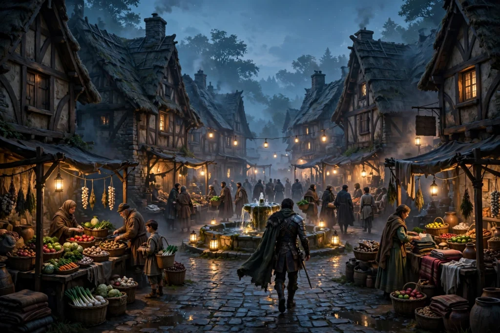 Fable Albion village street at dusk with medieval cottages and lantern light