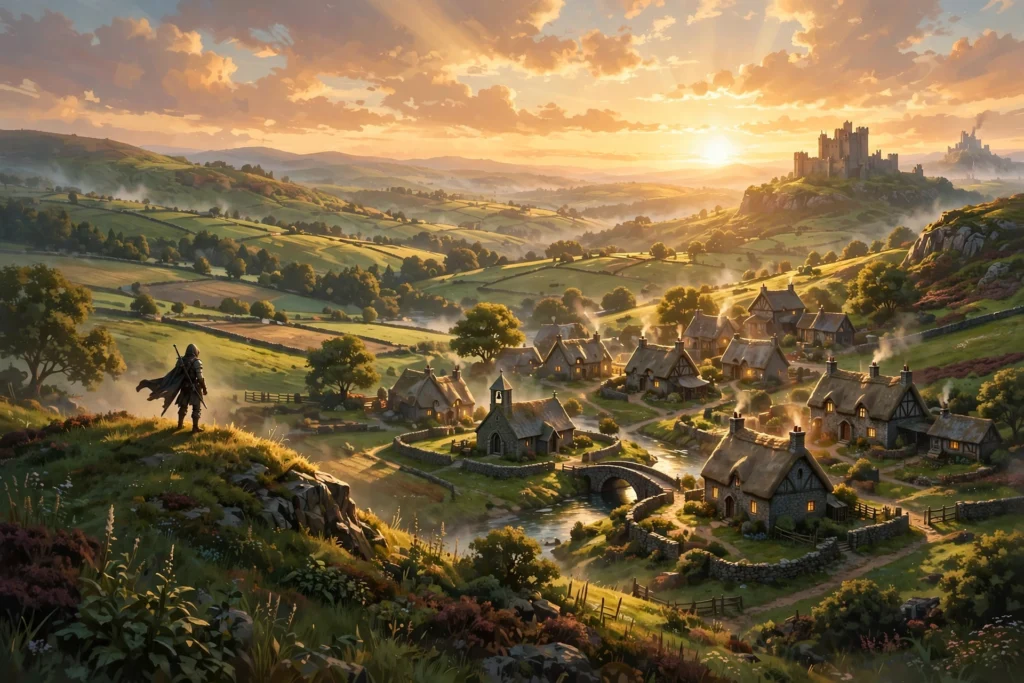 When is Fable 4 coming out – fantasy Albion landscape with hero overlooking village at sunset