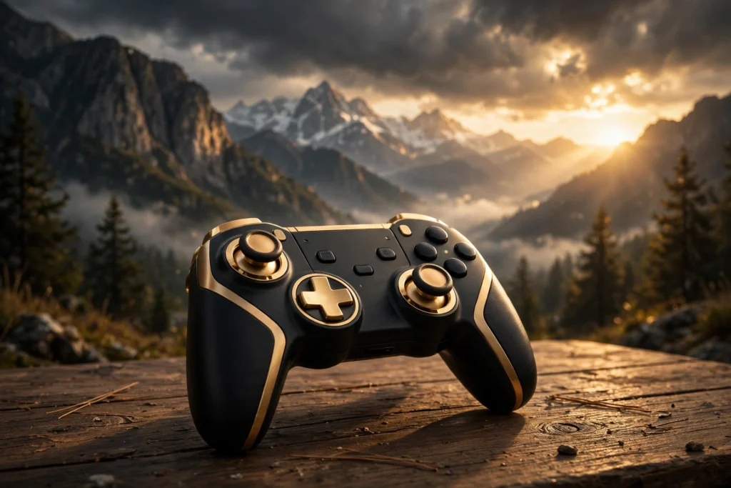 Ghost of Yotei controller gold and black DualSense on table with mountain background