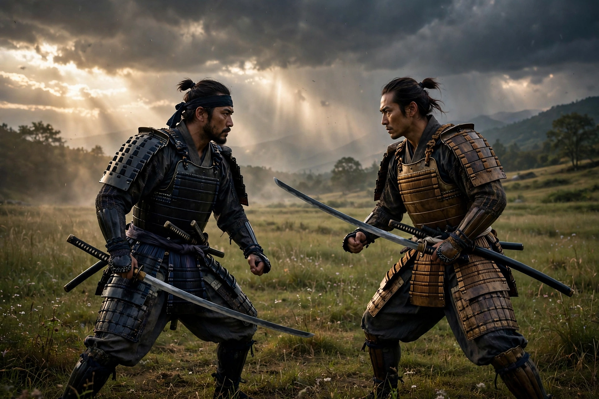 Ghost of Yotei samurai duel in grassy field