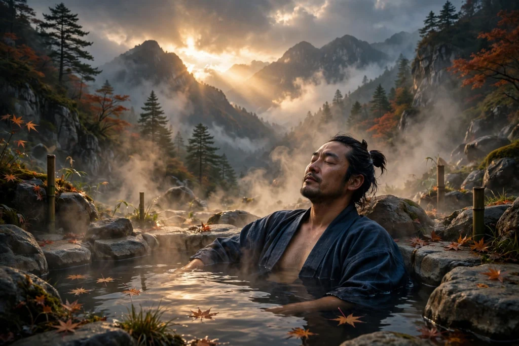 Ghost of Yotei hot springs samurai relaxing in hot spring in mountain landscape