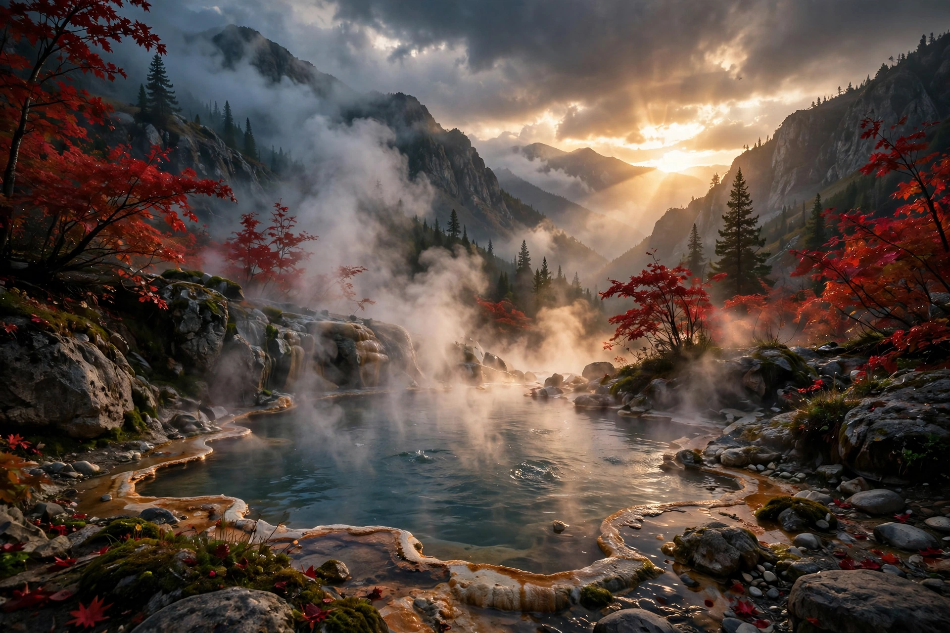 Ghost of Yotei hot springs steamy pool in mountain landscape with red trees