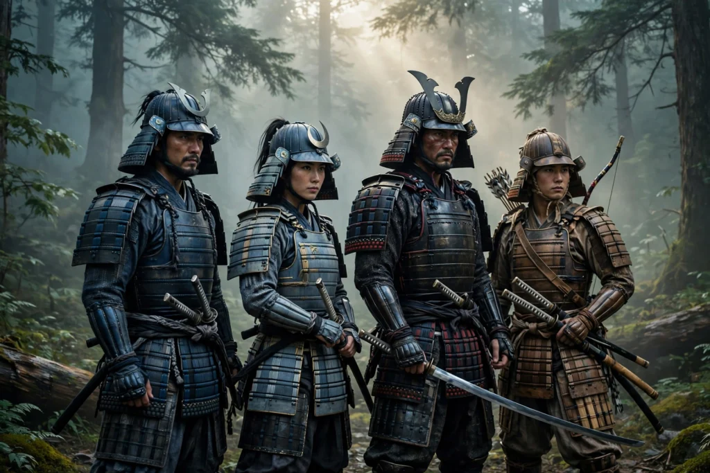Ghost of Yotei Legends four samurai warriors in misty forest
