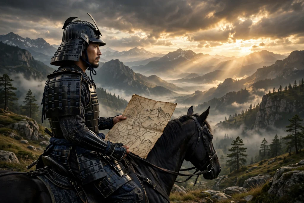 Ghost of Yotei map samurai on horseback looking at mountain landscape