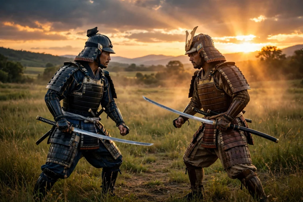 Ghost of Yotei PS5 samurai duel in grassy field at sunset