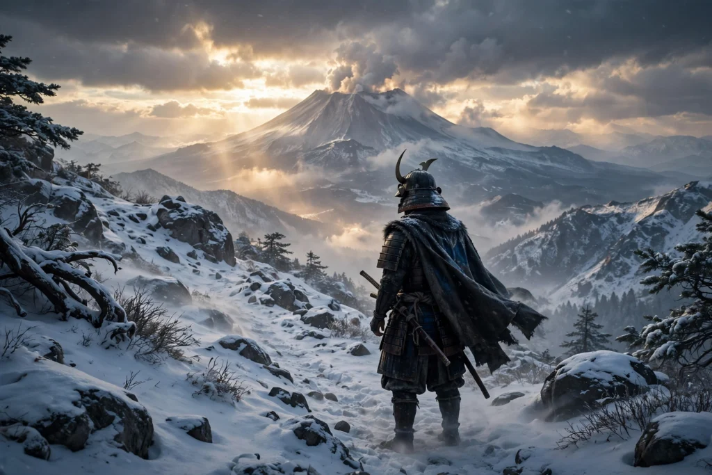 Ghost of Yotei PS5 samurai on snowy mountain path with volcano