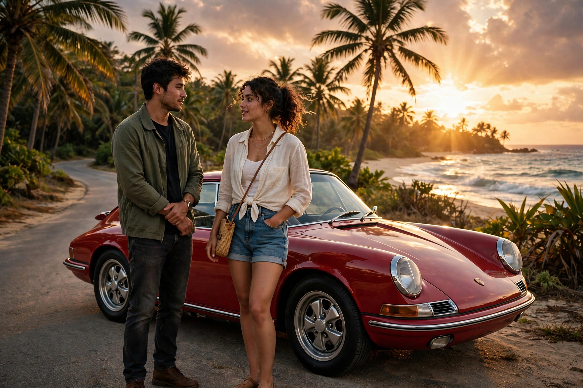 GTA VI characters with classic sports car on beach road