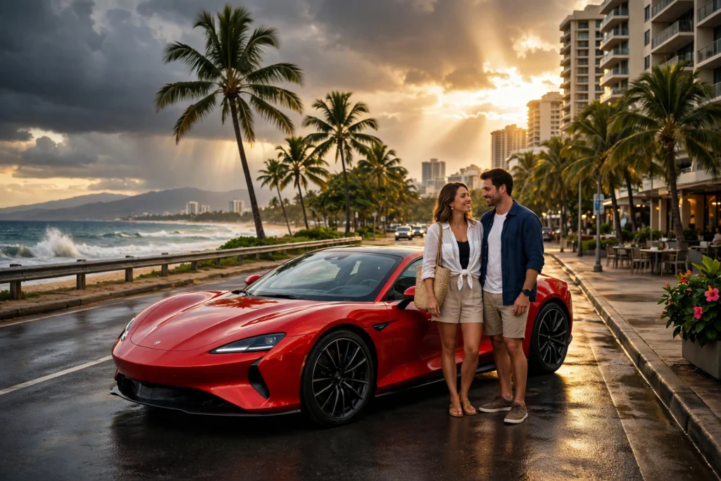 GTA VI trailer 3 tropical city street with couple and sports car on beach road