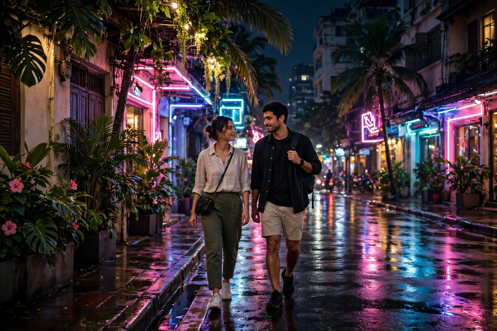 GTA VI trailer 3 couple walking in neon-lit city at night