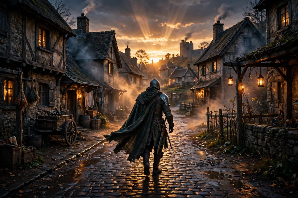 How many chapters in Crimson Desert lone warrior walking through medieval village at dusk