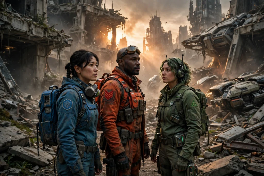 Is ARC Raiders crossplay three explorers standing together in ruined city