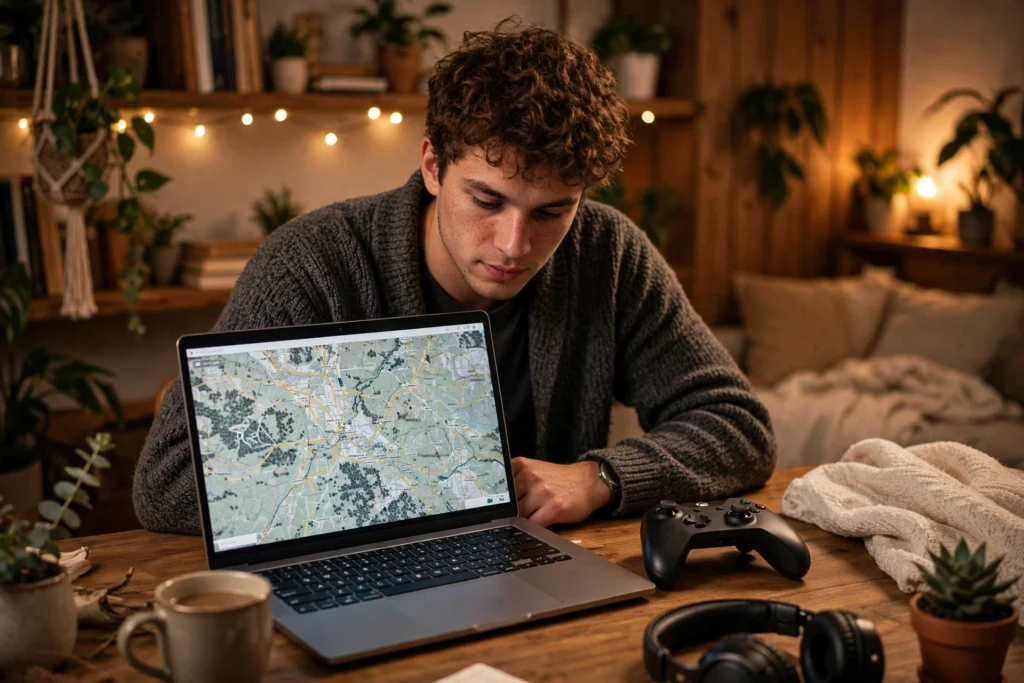 MetaForge ARC Raiders person studying map on laptop with controller