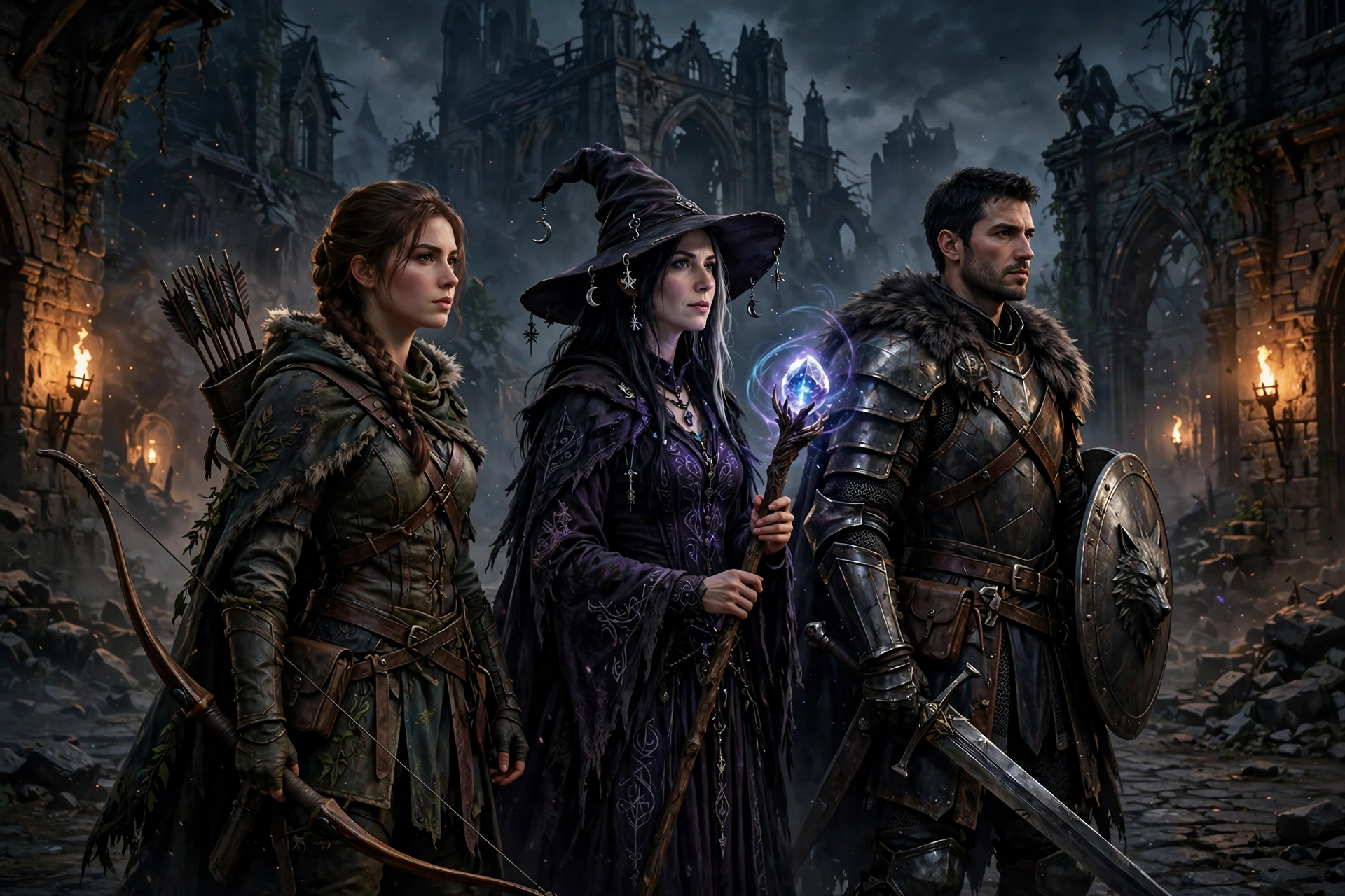 Path of Exile 2 classes party of heroes in a dark fantasy ruined town