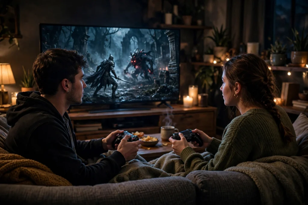 Path of Exile 2 Xbox couch co-op two players on a sofa playing together