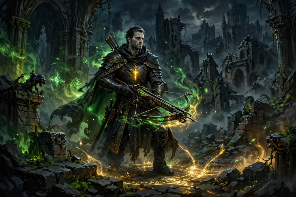 Path of Exile 2 Xbox dark fantasy hero with crossbow in ruined city