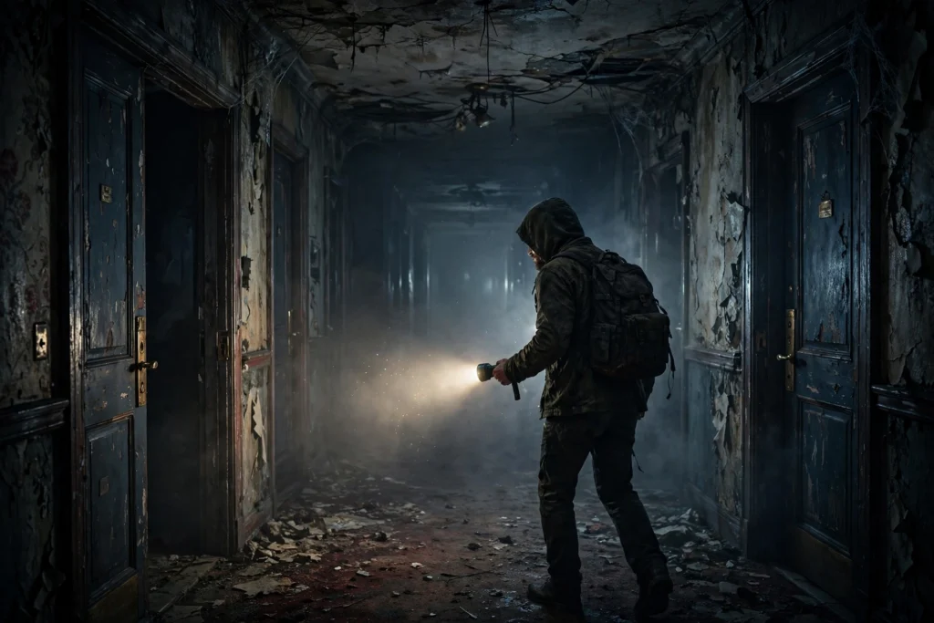 Resident Evil Requiem review horror hotel corridor with flashlight