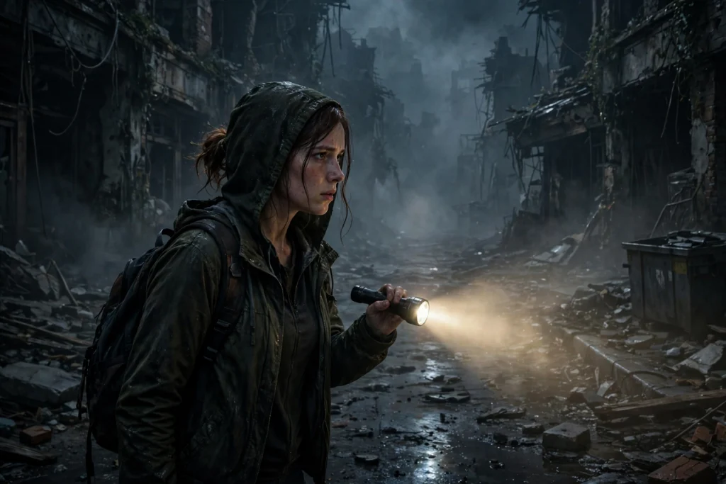 Resident Evil Requiem survivor exploring dark city street