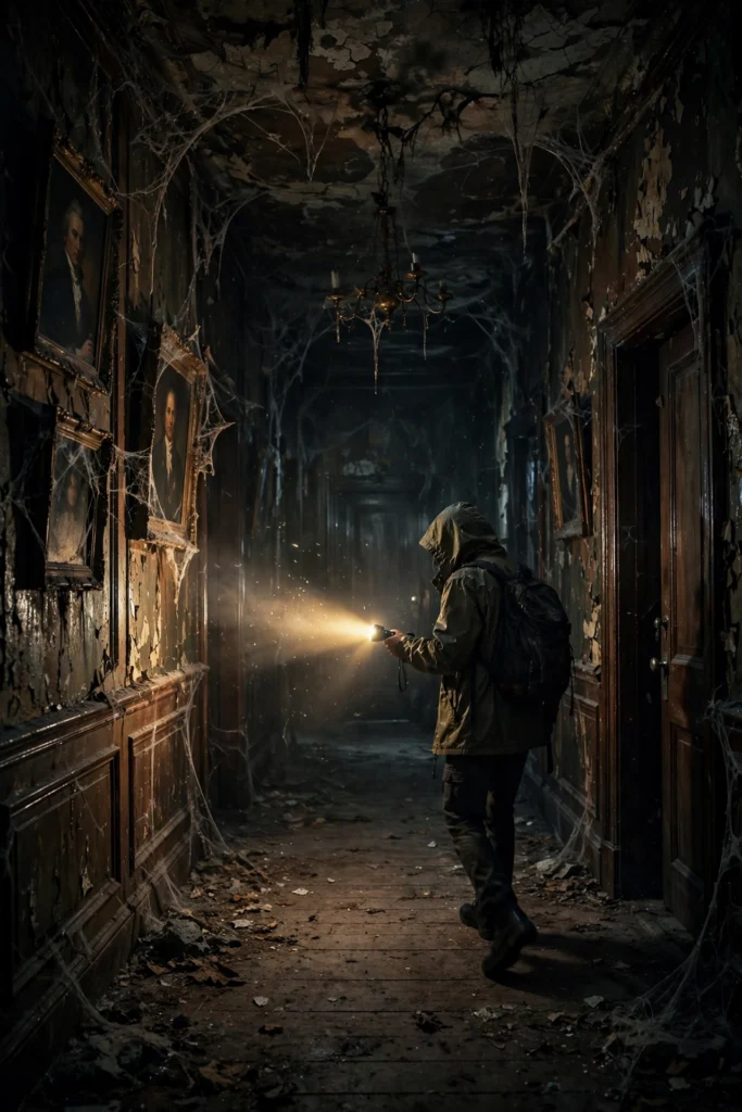 Resident Evil Requiem walkthrough dark mansion corridor with flashlight
