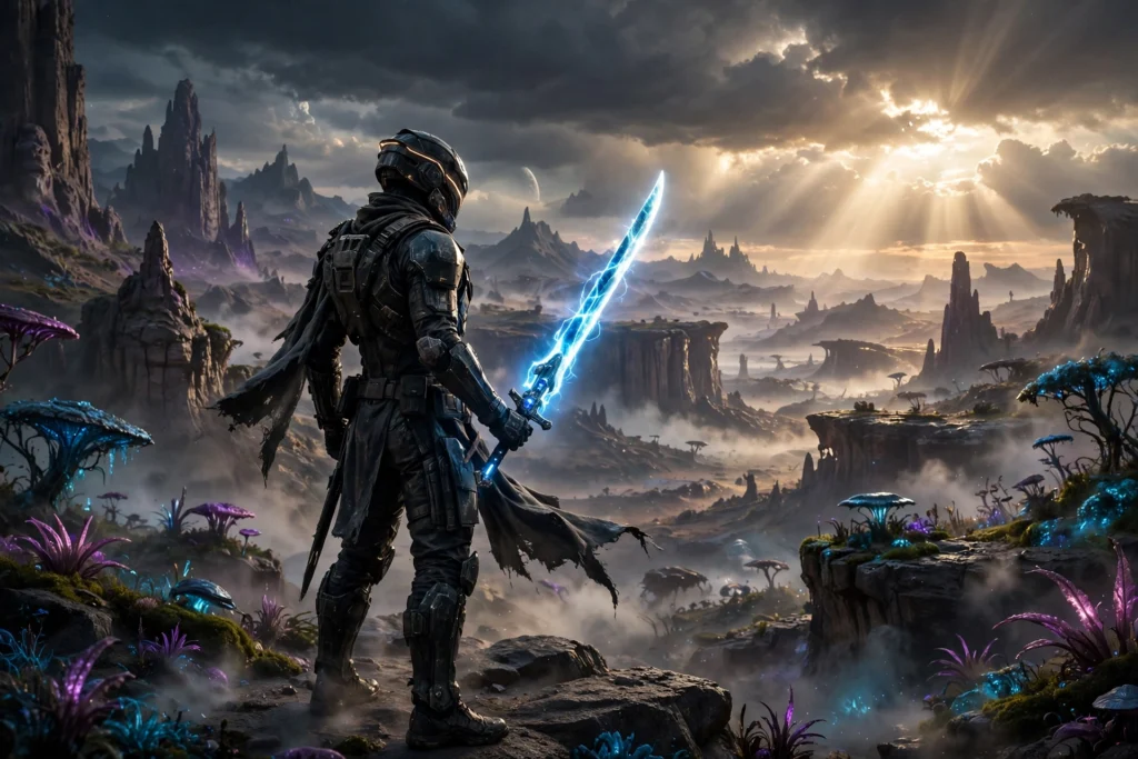 Saros reviews lone warrior with glowing weapon in alien landscape