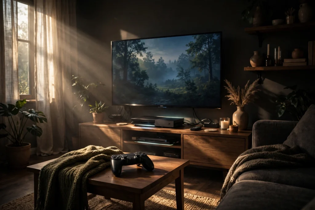 When is Battlefield 6 coming out cozy gaming setup with controller and TV in living room
